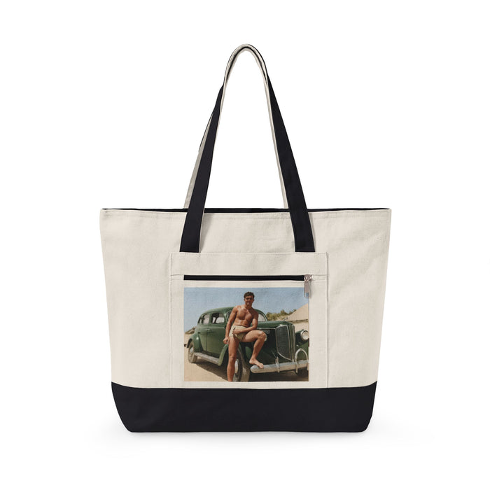 Vintage man sitting on classic car canvas tote