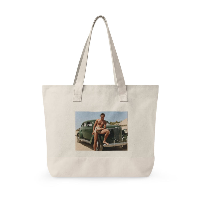 Coastal road vintage automobile tote bag
