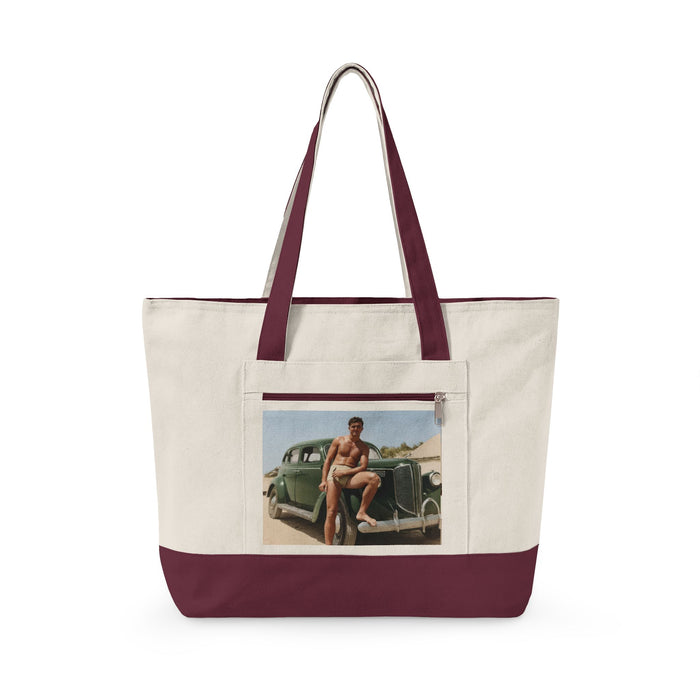 Retro masculinity car scene zippered canvas tote
