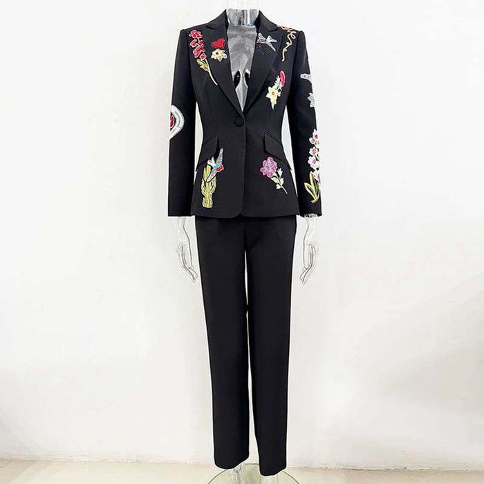Beaded Embroidery Blazer & Trousers Two-Piece Set