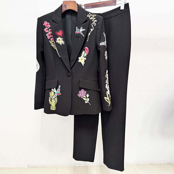 Beaded Embroidery Blazer & Trousers Two-Piece Set