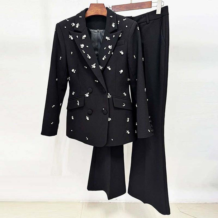 Black double breasted pantsuit with crystal detail for wedding guest