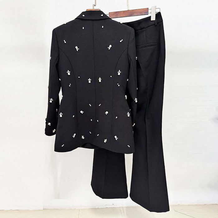 Black double breasted pantsuit with crystal detail for wedding guest