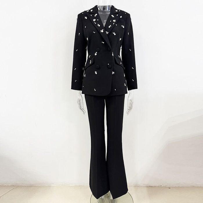 Black double breasted pantsuit with crystal detail for wedding guest