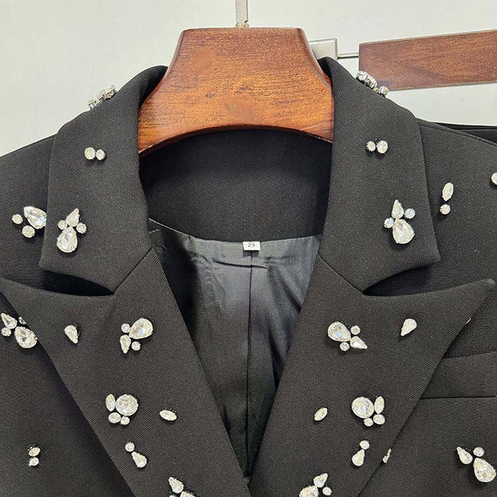 Black double breasted pantsuit with crystal detail for wedding guest