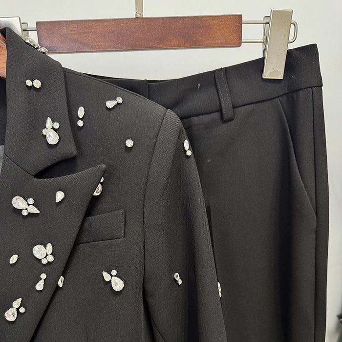 Black double breasted pantsuit with crystal detail for wedding guest