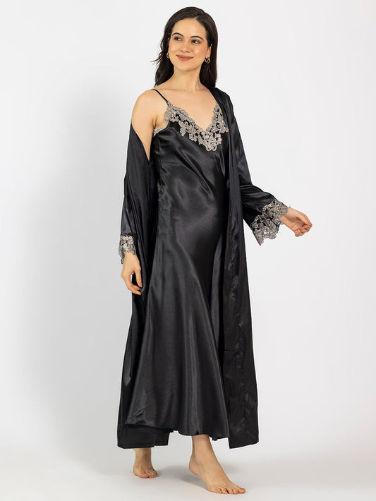 Black Maxi Night Dress with Full-Sleeve Robe
