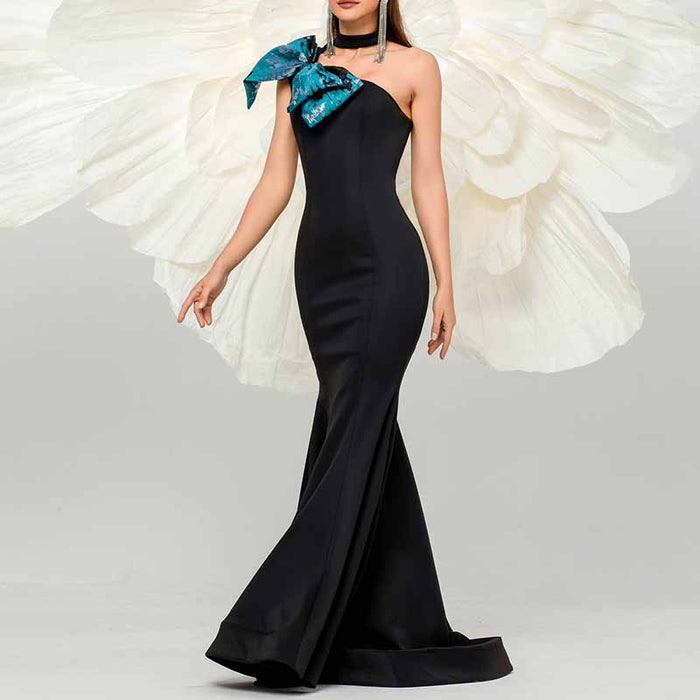 Black One Shoulder Mermaid Prom Dress Big Bow Tie Drawing Event Dress Ball Gowns