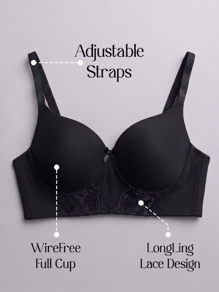 Black Padded Wirefree Full Cup Longline Bralette