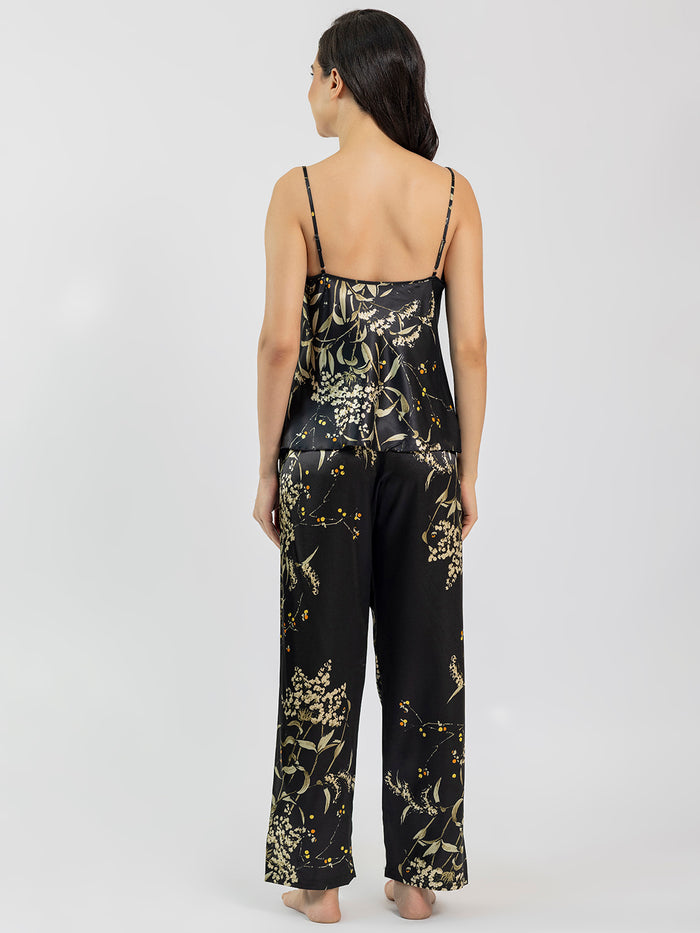 Black Satin Printed Camisole & Pajama Set