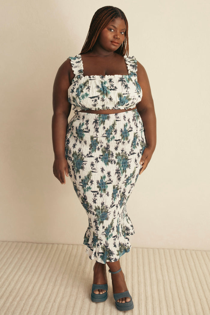 Blue Floral Ruched Midi Skirt