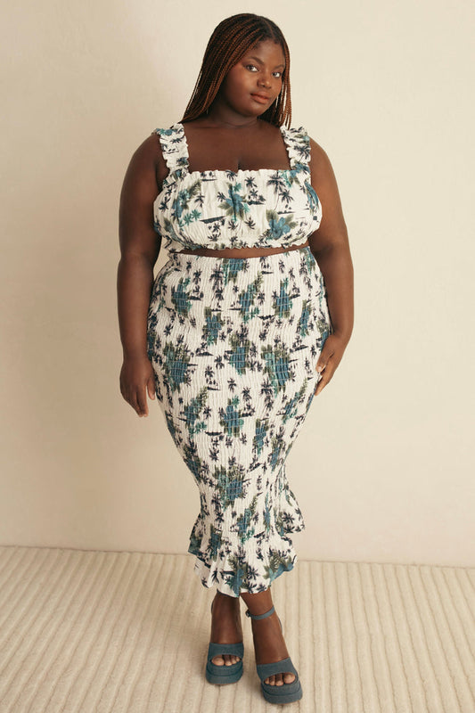 Blue Floral Ruched Midi Skirt