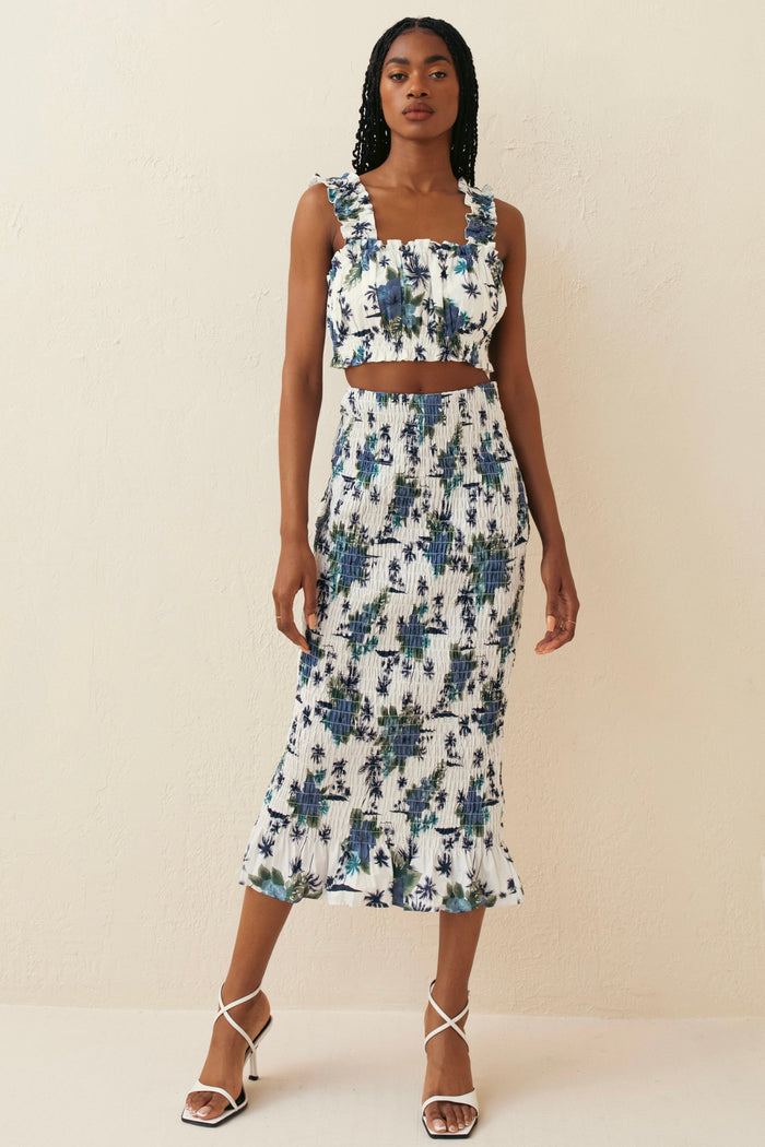Blue Floral Ruched Midi Skirt