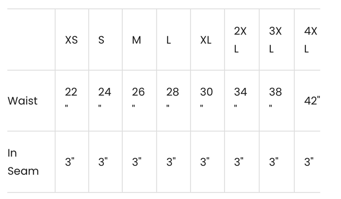 A size chart table showing waist and in-seam measurements forXS, S, M, L, XL, 2X L, 3X L, and 4X L sizes.