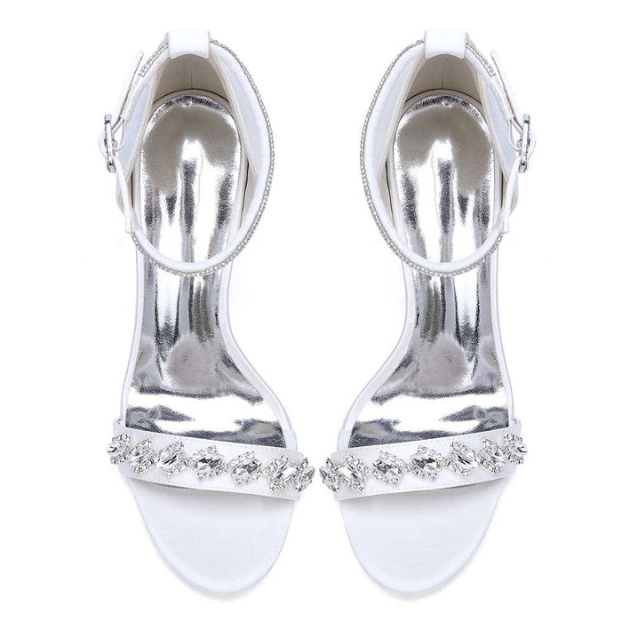 S&DCo. bridal ankle strap heels in white with sparkling embellishments and a sleek design