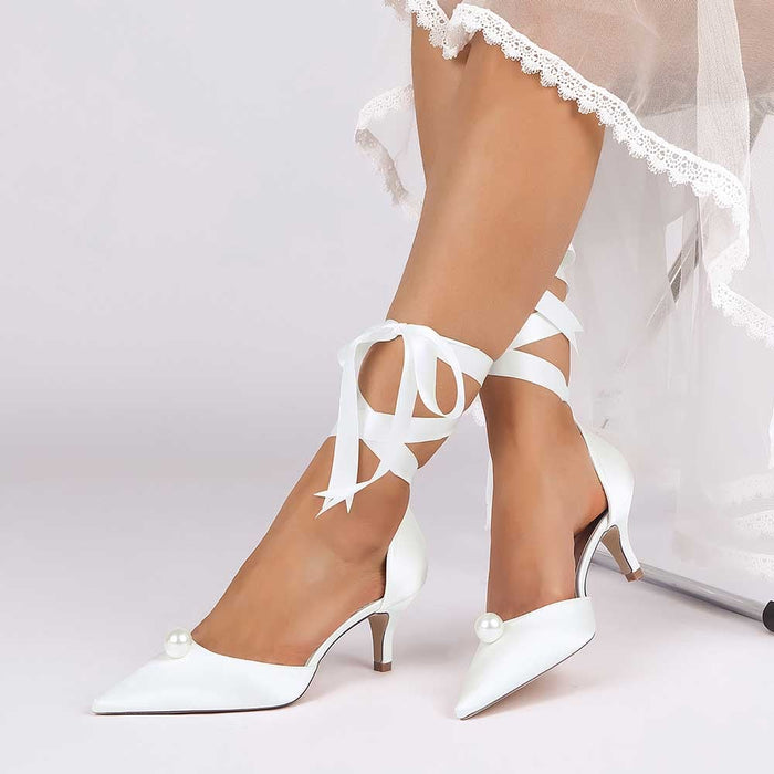 Bridal ankle strap heels with pearls in white for elegant wedding footwear