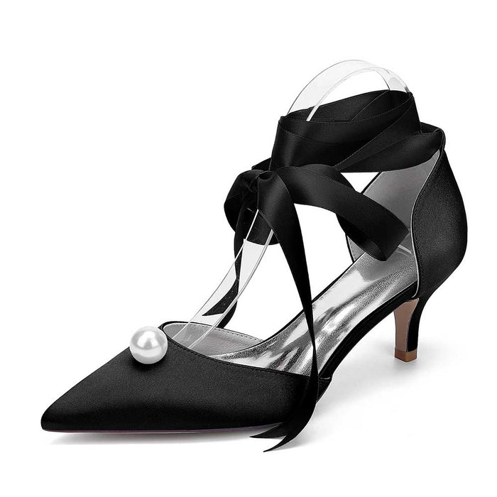 Bridal ankle strap heels with pearls featuring a sleek black design and elegant satin finish