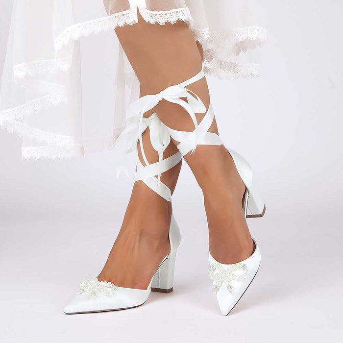 Bridal Chunky Heel Shoes Lace-Up Bridal Shoes With Pearl Bow Prom Heels