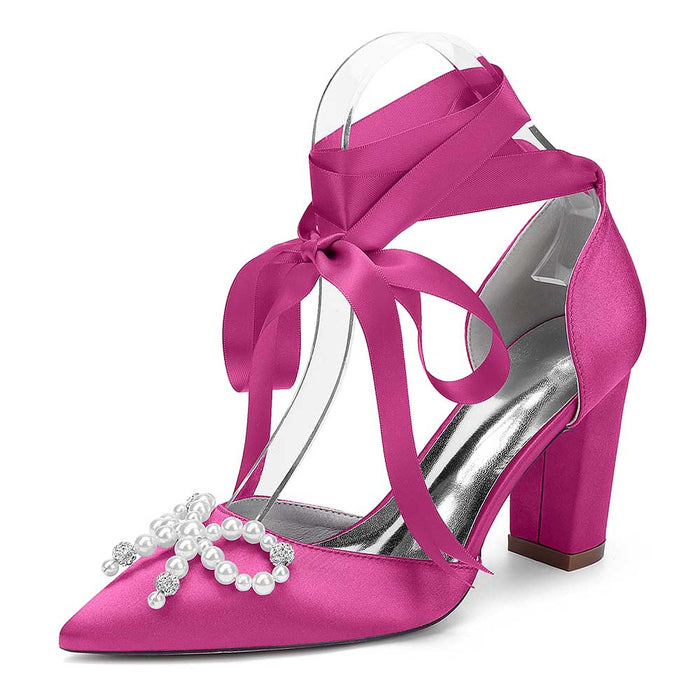 Bridal Chunky Heel Shoes Lace-Up Bridal Shoes With Pearl Bow Prom Heels