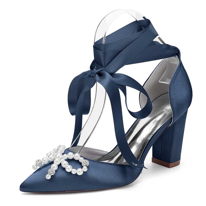 Bridal Chunky Heel Shoes Lace-Up Bridal Shoes With Pearl Bow Prom Heels