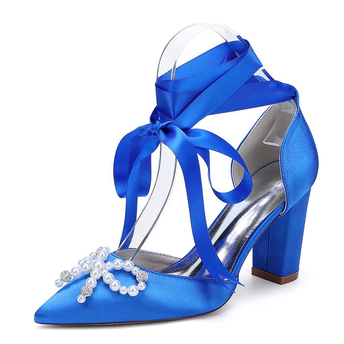 Bridal Chunky Heel Shoes Lace-Up Bridal Shoes With Pearl Bow Prom Heels