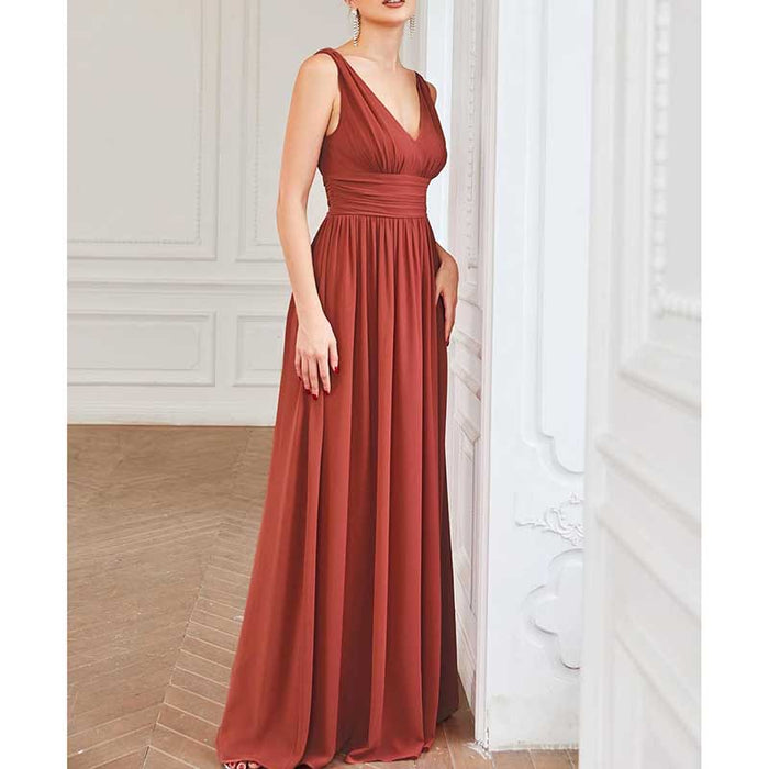 Bridesmaid Dress V-Neck Sleeveless A Line Chiffon Floor Length Formal Dress