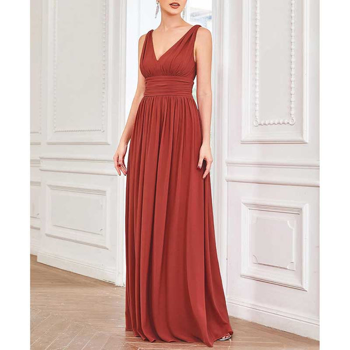 Bridesmaid Dress V-Neck Sleeveless A Line Chiffon Floor Length Formal Dress