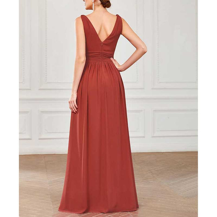 Bridesmaid Dress V-Neck Sleeveless A Line Chiffon Floor Length Formal Dress