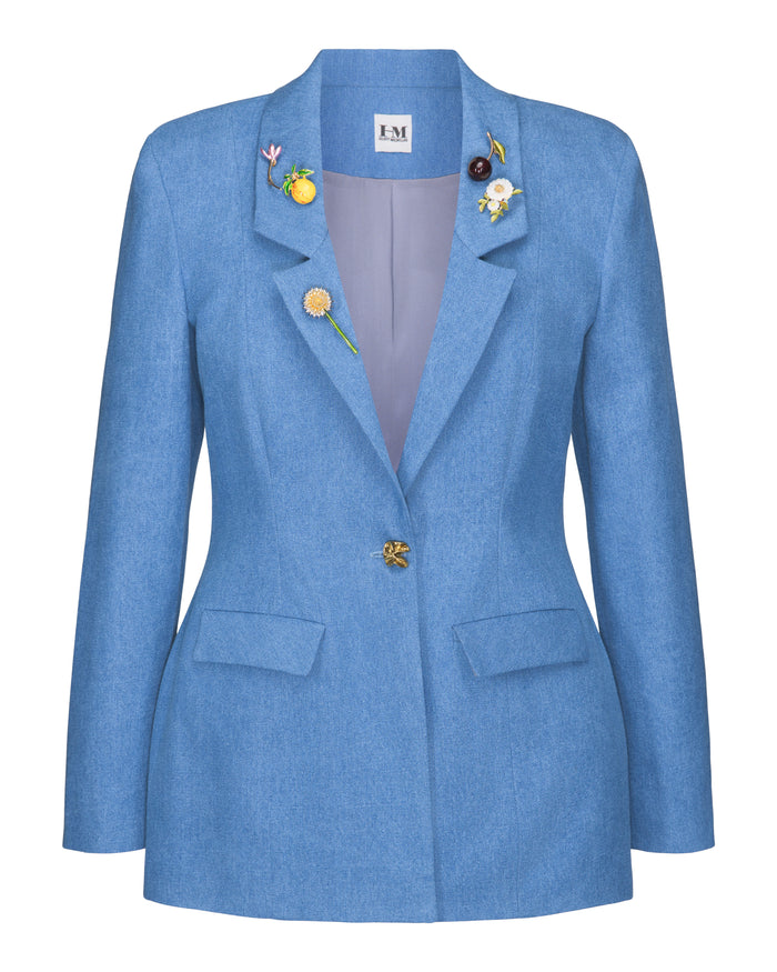 Blue blazer with decorative buttons on a white background