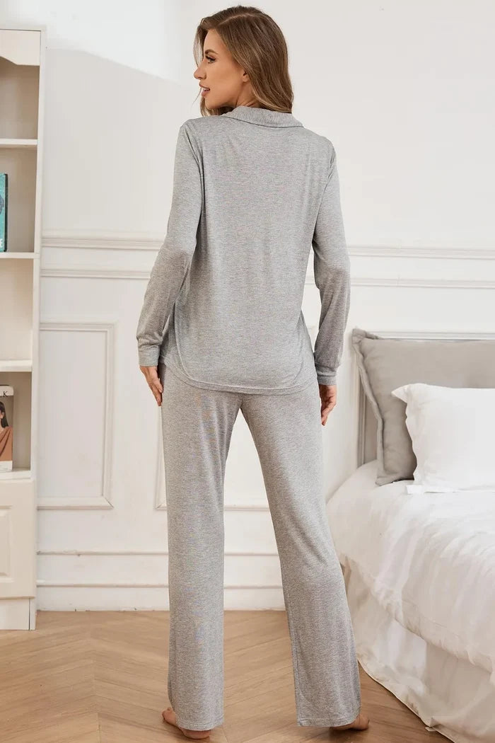 Button Up Long Sleeve Top and Pants Lounge Set