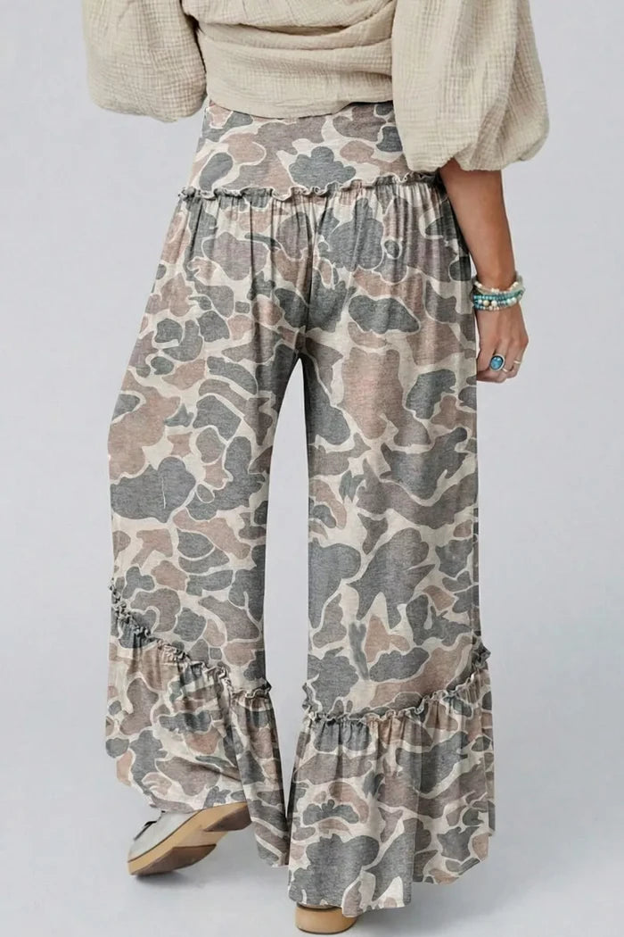 Camo Print Ruffle Hem Wide Leg Pants
