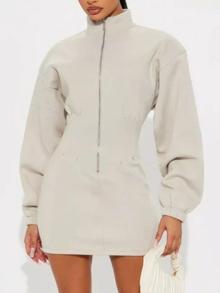 Casual Zip-Up Long Sleeve Mini Dress