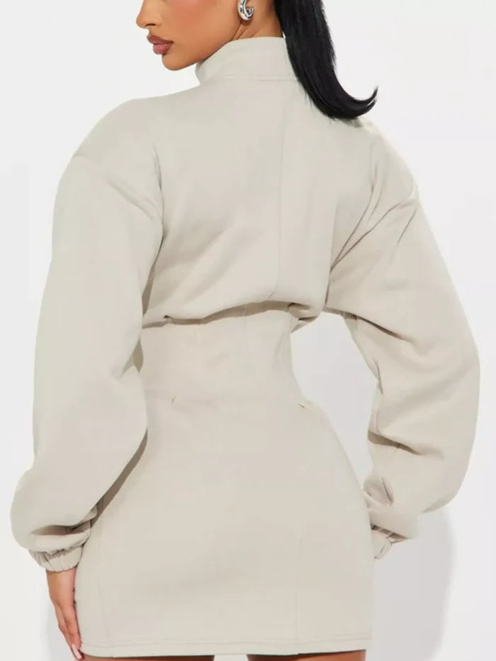 Casual Zip-Up Long Sleeve Mini Dress