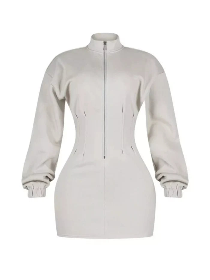 Casual Zip-Up Long Sleeve Mini Dress