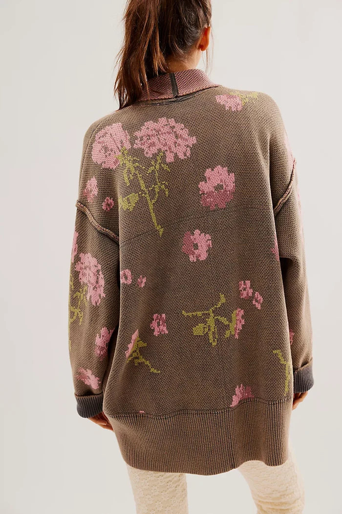 Free People Chamomile Pattern Cardigan in Pink & Grey - Laluxe Femme