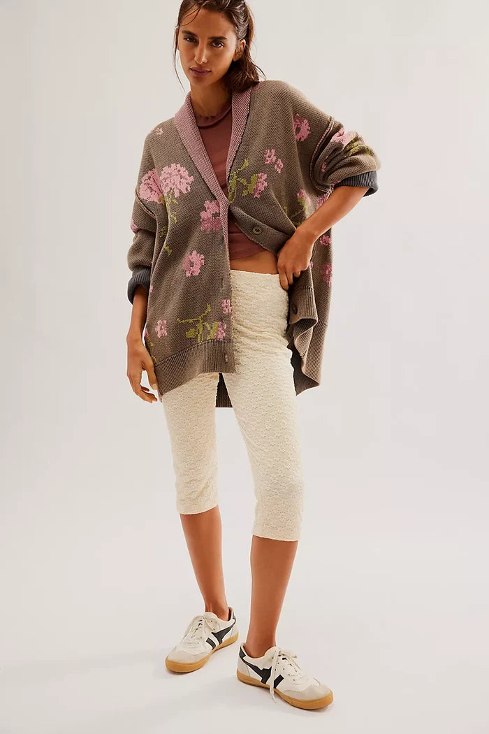 Free People Chamomile Pattern Cardigan in Pink & Grey - Laluxe Femme