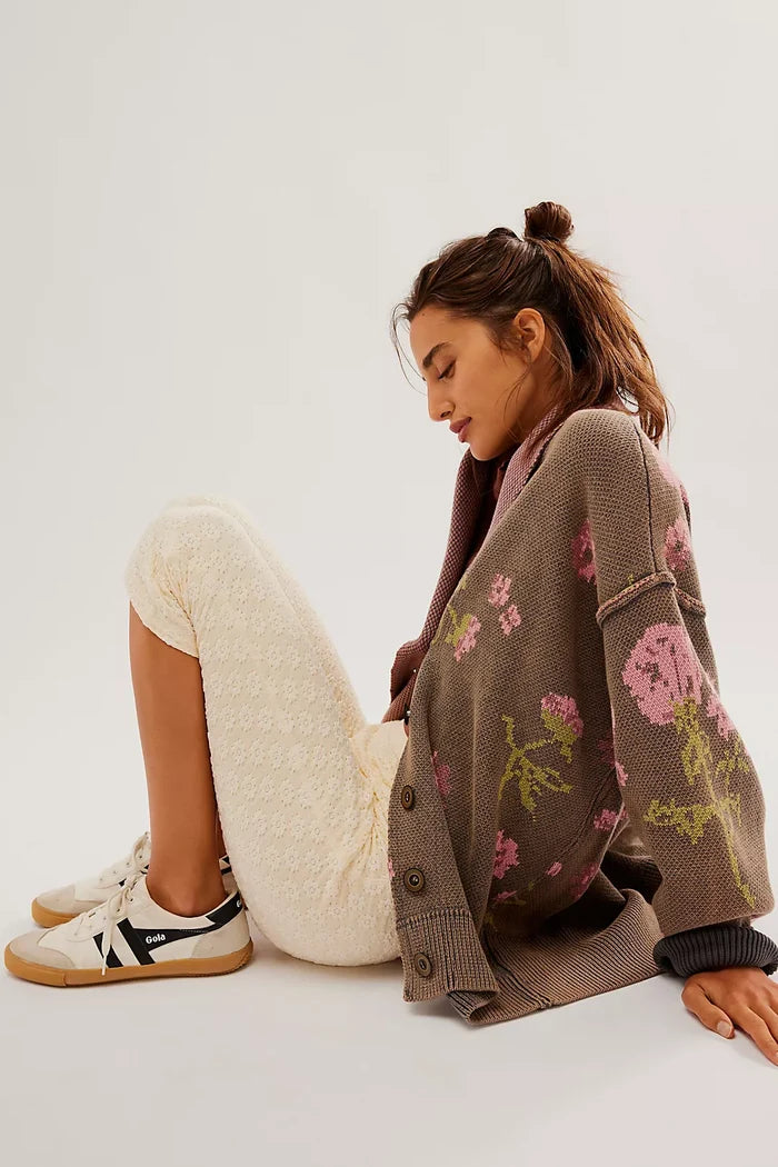 Free People Chamomile Pattern Cardigan in Pink & Grey - Laluxe Femme