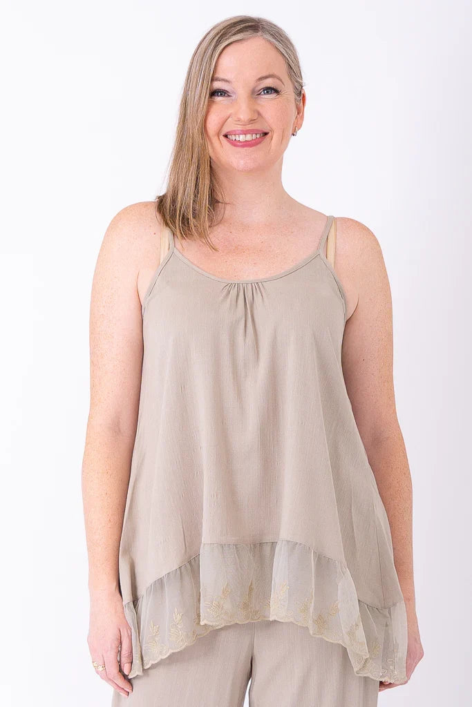 Chantilly Lace Long Layered Tank Top in Sand