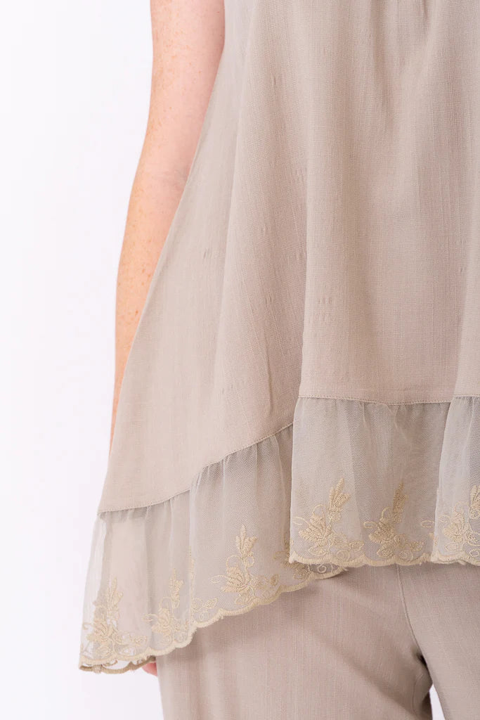 Chantilly Lace Long Layered Tank Top in Sand