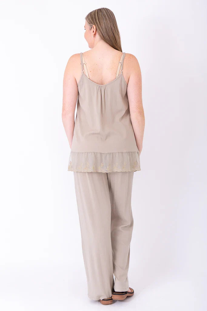Chantilly Lace Long Layered Tank Top in Sand