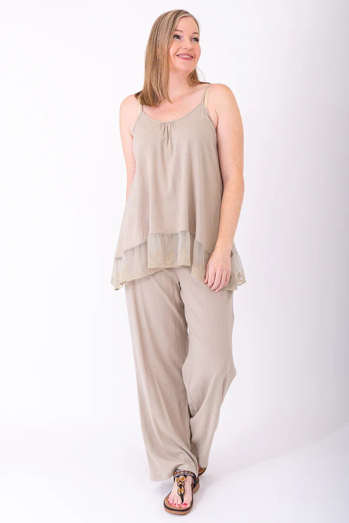 Chantilly Lace Long Layered Tank Top in Sand