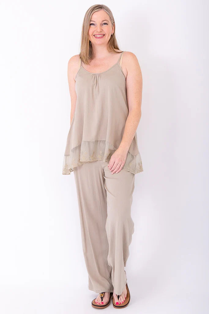 Chantilly Lace Long Layered Tank Top in Sand