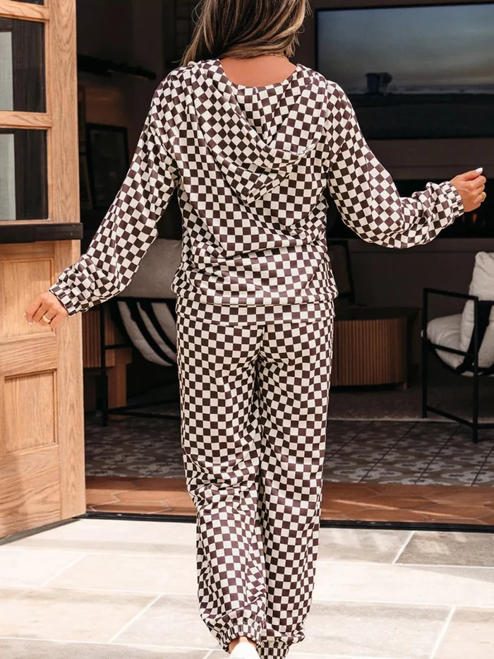 Checkered Drawstring Hoodie and Pants Set