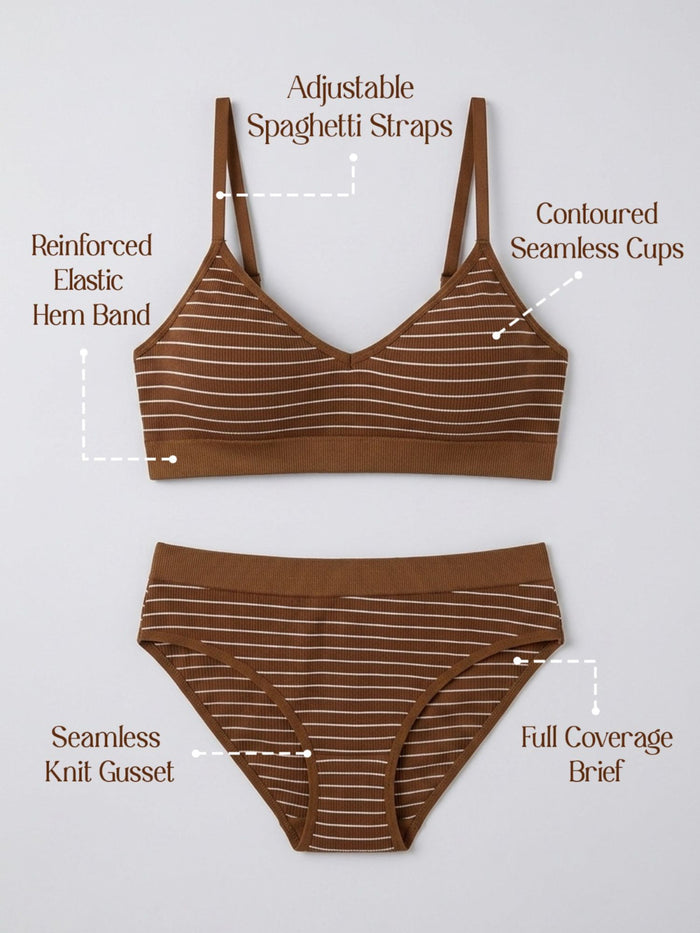 Chelvet Striped Mid-Rise Bikini & Bra Set