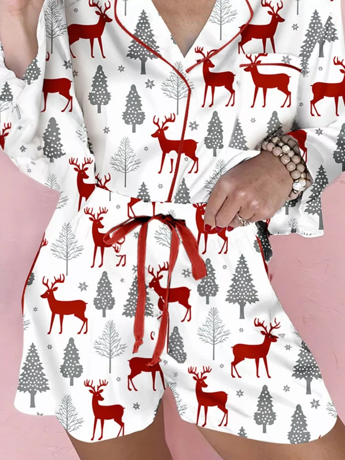 Christmas Fashion Print Velvet Trim Top and Shorts Pajama 2pcs Set