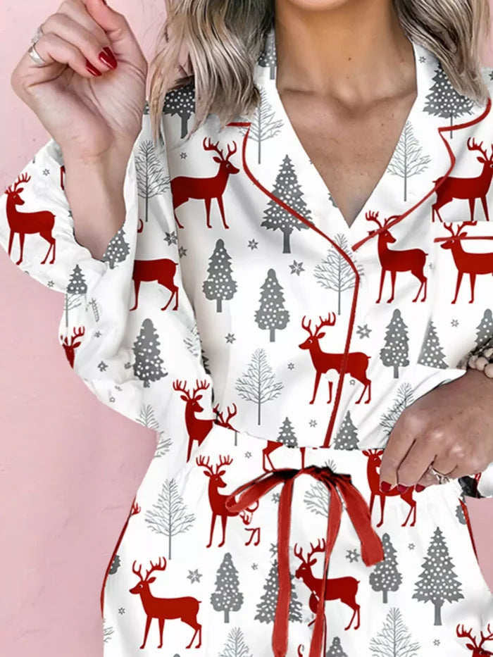 Christmas Fashion Print Velvet Trim Top and Shorts Pajama 2pcs Set