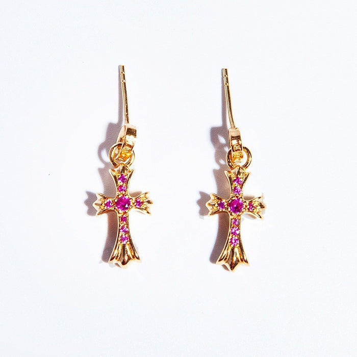Chrome Hearts Gold Ruby Cross Drop Earrings – earrings front view