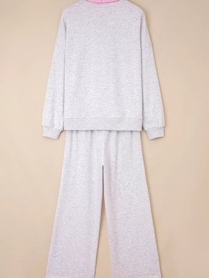 Contrasted Trim Frilled Collar Drop Shoulder Top and Drawstring Pant Set