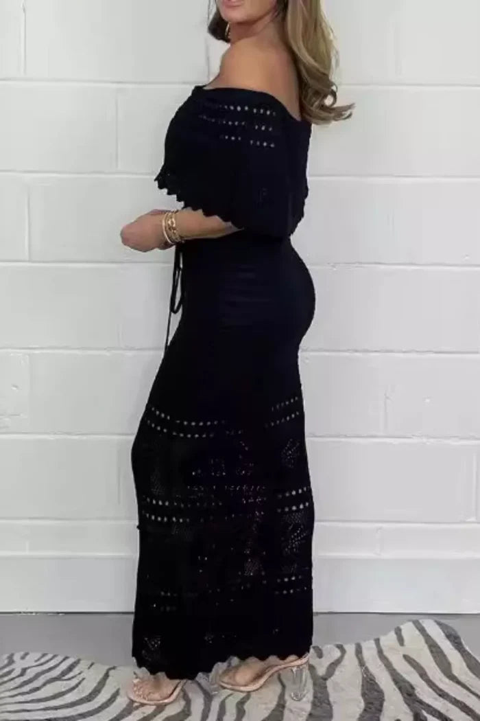 Crochet Off-Shoulder Cutout Tied Maxi Dress