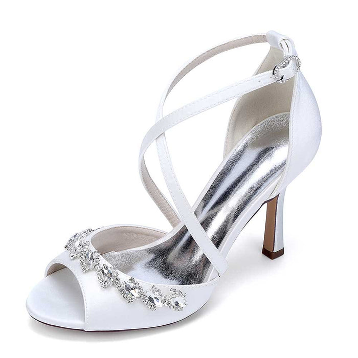 Cross Strap Bridal Sandals Hand-Made Wedding Shoes Dress Heels With Crystals